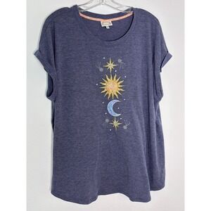 Trueself Women 2X Celestial Sun Moon Star Graphic T-Shirt Blue Cuffed Sleeve